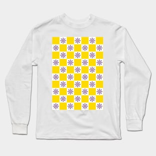 Retro Yellow, Purple Checkered Floral Pattern Long Sleeve T-Shirt